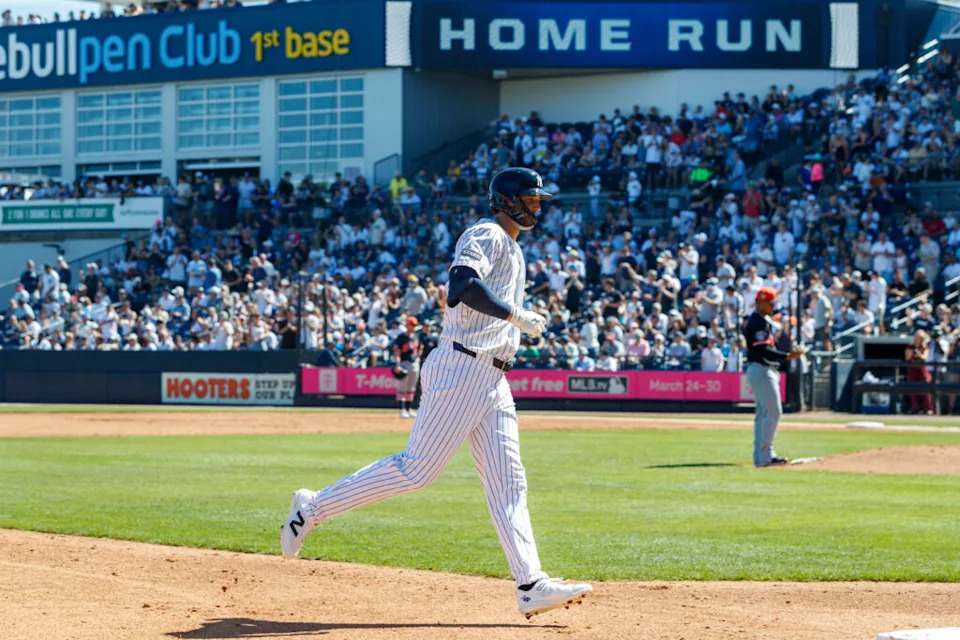 Feb 21, 2026; Tampa, Florida, USA; New York Yankees outfielder Spencer Jones (78) hits a home run against the Detriot Tigers during the second inning in a Spring Training game at George M. Steinbrenner Field. Mandatory Credit: Morgan Tencza-Imagn Images