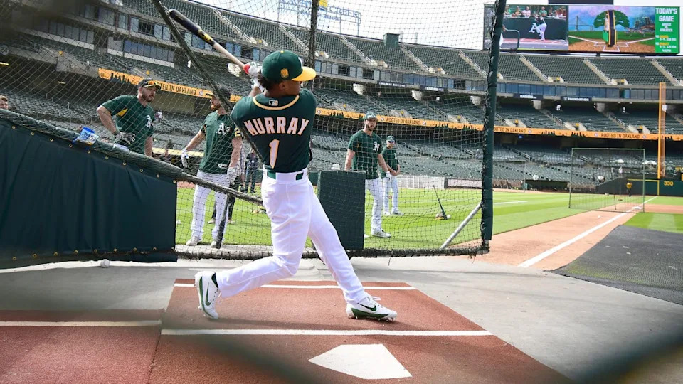 <div>The Oakland Athletics number one draft pick Kyler Murray #1 an outfielder out of the University of Oklahoma, takes batting practice prior to the start of the game between the Los Angeles Angels of Anaheim and Oakland Athletics at the Oakland Alameda Coliseum on June 15, 2018, in Oakland, California.</div><strong>(Photo by Thearon W. Henderson/Getty Images)</strong>