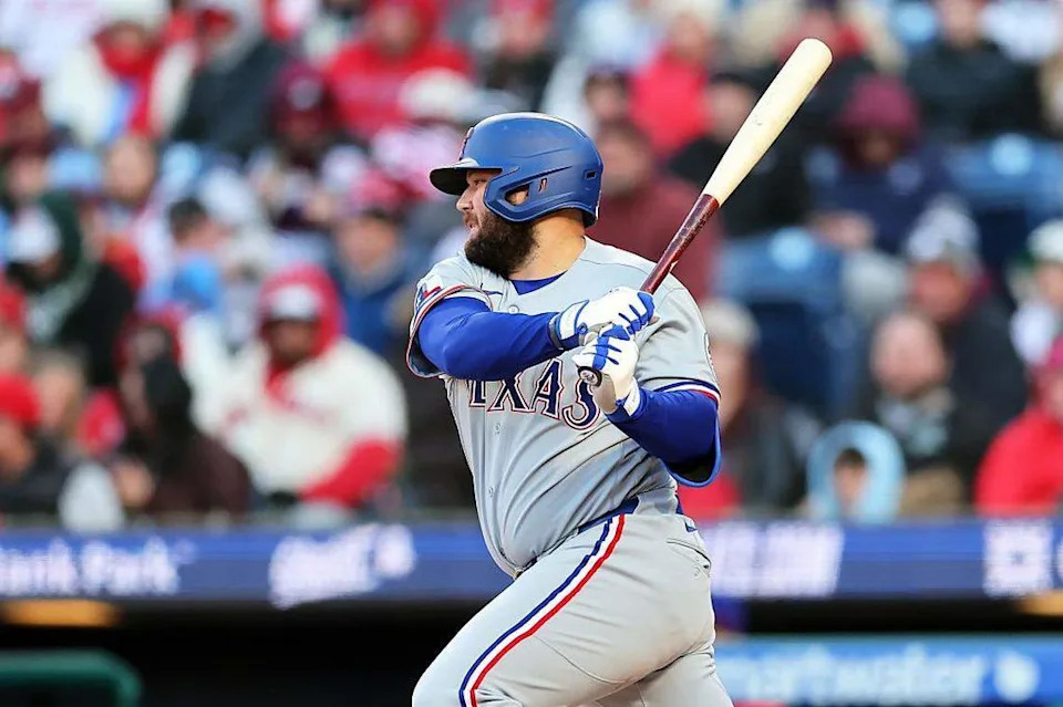 Texas Rangers first baseman Jake Burger singles in the eighth inning against the Philadelphia Phillies on Saturday at Citizens Bank Park in Philadelphia.