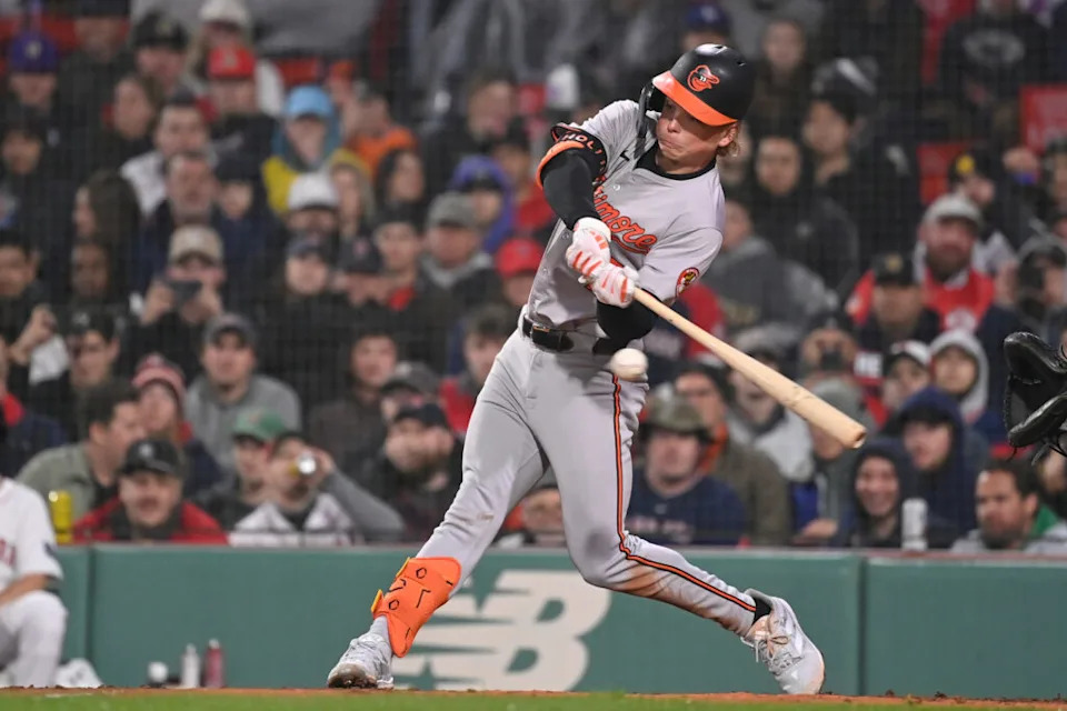 Apr 11, 2024; Boston, Massachusetts, USA; Baltimore Orioles second baseman Jackson Holiday (7) bats against the Boston Red Sox during the eighth inning at Fenway Park. Mandatory Credit: Eric Canha-USA TODAY Sports