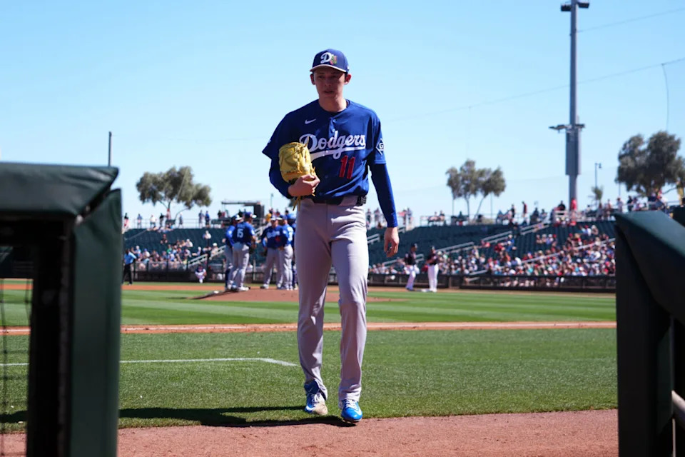 Mar 3, 2026; Goodyear, Arizona, USA; Los Angeles Dodgers starting pitcher Roki Sasaki (11) leaves the game against the Cleveland Guardians during the first inning at Goodyear Ballpark. Mandatory Credit: Joe Camporeale-Imagn Images