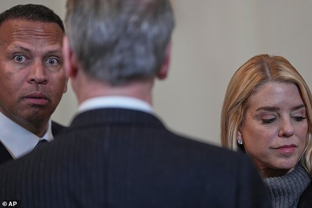 Alex Rodriguez and Attorney General Pam Bondi speak during an event at the White House