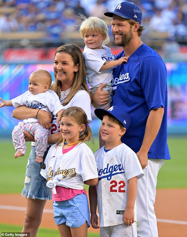 Kershaw is pictured with his wife Ellen and four of their five children in July 2022
