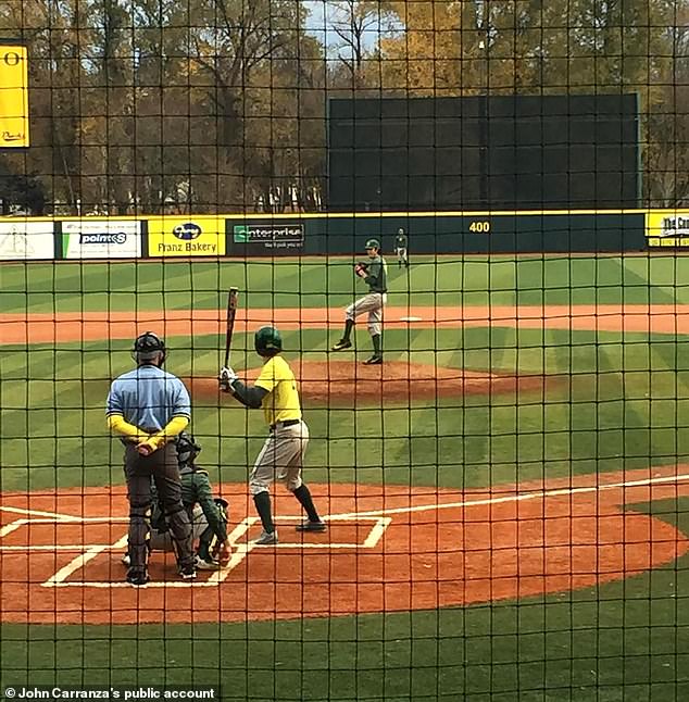 Carranza is pictured on the mound at Oregon, where his fastball easily exceeded 90mph