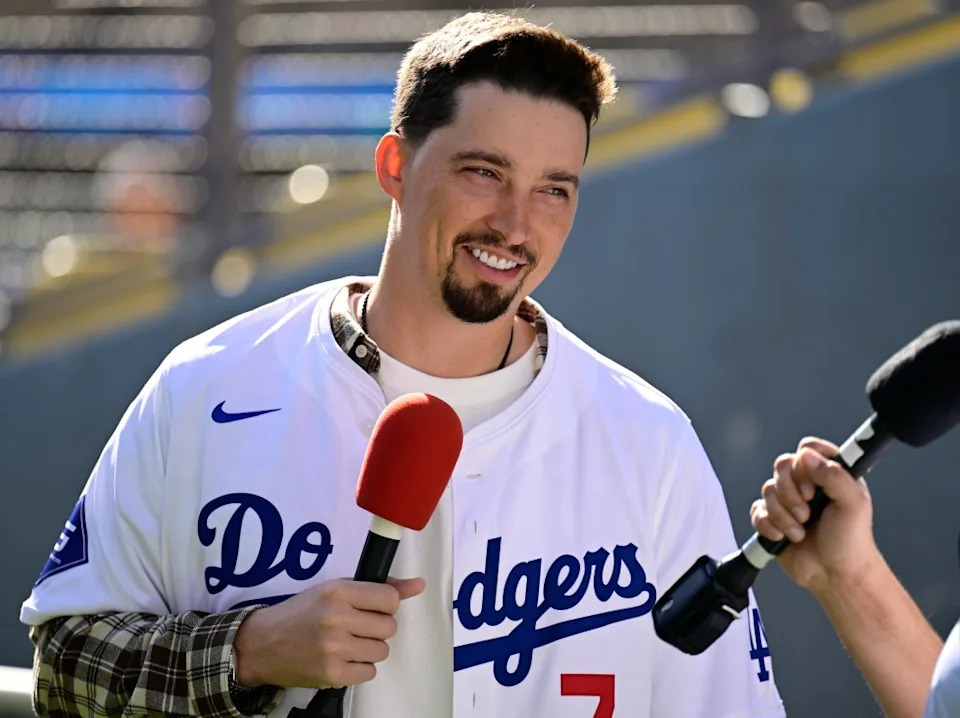 Blake Snell interviewed at Dodger Stadium. Getty Images