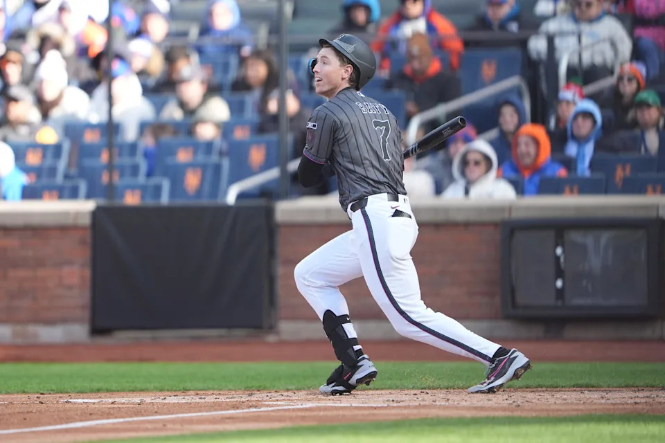 New York Mets designated hitter Brett Baty (7) hits a single against the Pittsburgh Pirates during the second inning on March 28, 2026, at Citi Field.