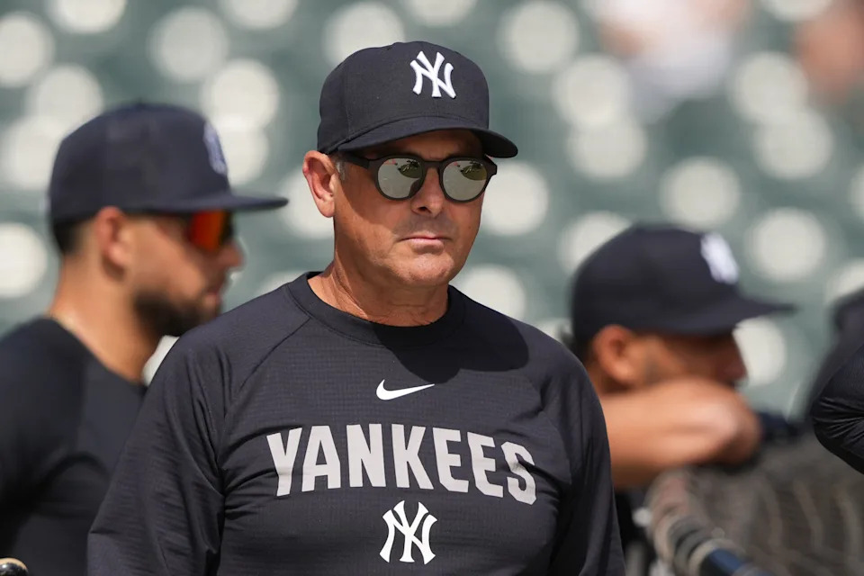 Mar 27, 2026; San Francisco, California, USA; New York Yankees manager Aaron Boone (17) walks on the field before the game against the San Francisco Giants at Oracle Park. Mandatory Credit: Darren Yamashita-Imagn Images