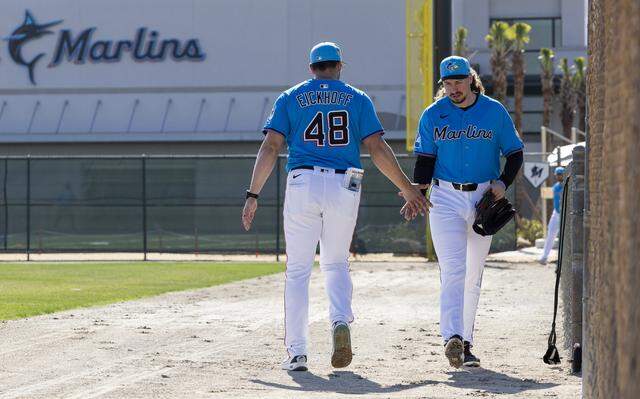 Miami Marlins pitcher Lake Bachar (84) walks on the field as he attends his team’s first full-squad spring training workout at Roger Dean Stadium on Monday, Feb. 16, 2026, in Jupiter, Fla.
