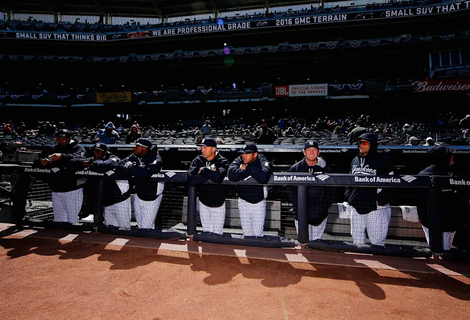 The New York Yankees look on before the game against the Houston Astros during Opening Day at Yankee Stadium on April 5, 2016.