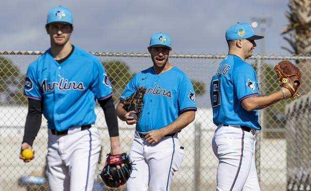 Miami Marlins pitcher Anthony Bender (37) reacts during the team’s first full-squad spring training workout at Roger Dean Stadium on Monday, Feb. 16, 2026, in Jupiter, Fla.