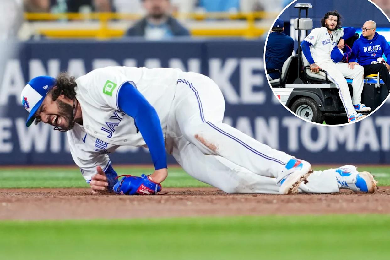 An image collage containing 2 images, Image 1 shows Cody Ponce #66 of the Toronto Blue Jays falls to the ground with an injury, Image 2 shows Cody Ponce of the Toronto Blue Jays being carted off the field due to an injury