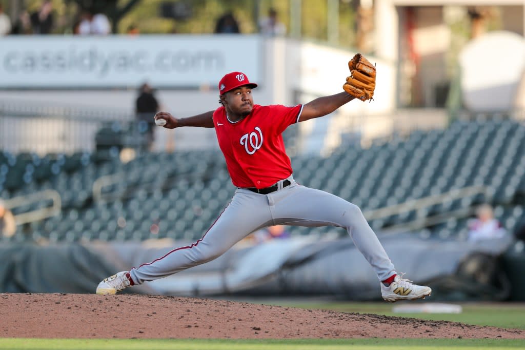 Sean Paul Liñan pitches during the game between the Washington Nationals and the St. Louis Cardinals at Roger Dean Chevrolet Stadium on Thursday, March 19, 2026. MLB Photos via Getty Images