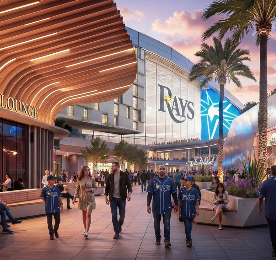 Renders of the new Tampa Bay Rays stadium, released as the project hits a new milestone