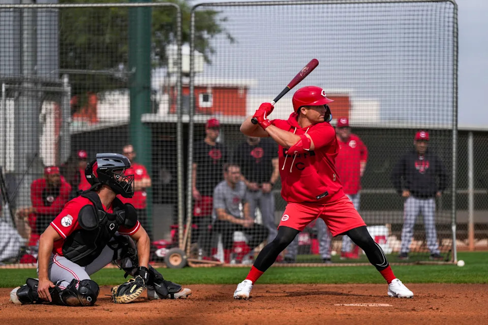 Cincinnati Reds second baseman Matt McLain (9) takes live batting practice at the Cincinnati Reds player development complex in Goodyear, Ariz., on Wednesday, Feb. 11, 2026.