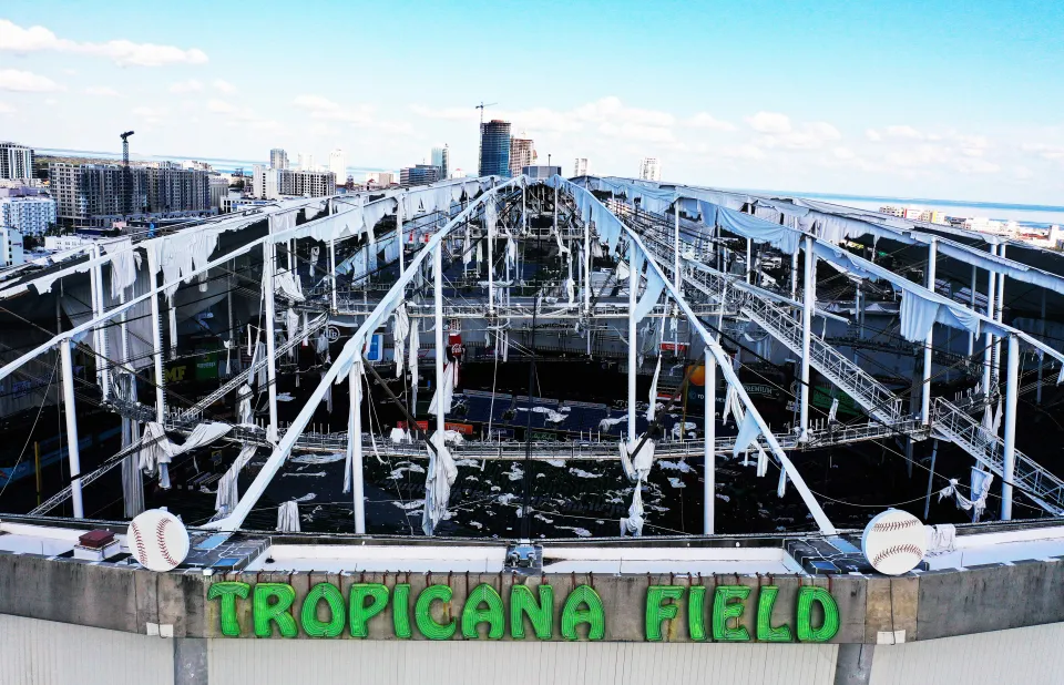 In this aerial view, the domed roof at Tropicana Field, the home of the Tampa Bay Rays, is seen ripped to shreds from Hurricane Miltonís powerful winds in St. Petersburg. The storm passed through the area on October 10, 2024