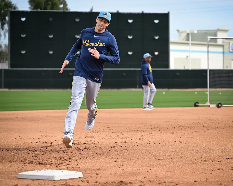 Milwaukee Brewers outfielder Christian Yelich (22) runs the bases in a drill during spring training workouts Monday, February 16, 2026, at American Family Fields of Phoenix in Phoenix, Arizona.