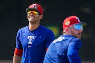 Texas Rangers minor league outfielder Anthony Gutierrez participates in a fielding drill...