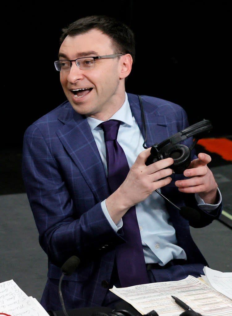 Sportscaster Jason Benetti gets ready to call the Pac-12 Coast-to-Coast Challenge between the Texas Longhorns and the Stanford Cardinal at T-Mobile Arena on December 19, 2021 in Las Vegas, Nevada. Getty Images