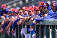 Texas Rangers catcher Danny Jansen watches from the dugout rail during the first inning of a...