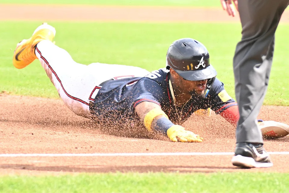 Spring training is almost at an end, with the Red Sox regular season beginning on March 26, 2026. Pictured here, Atlanta Braves base runner Ronald Acuna Jr. steals third base during the first inning against the Red Sox during spring training at CoolToday Park in North Port, Florida.