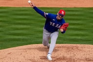 Texas Rangers pitcher Peyton Gray delivers during the sixth inning of a spring training game...