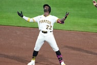 Pittsburgh Pirates' Andrew McCutchen celebrates on second base after hitting a double off...