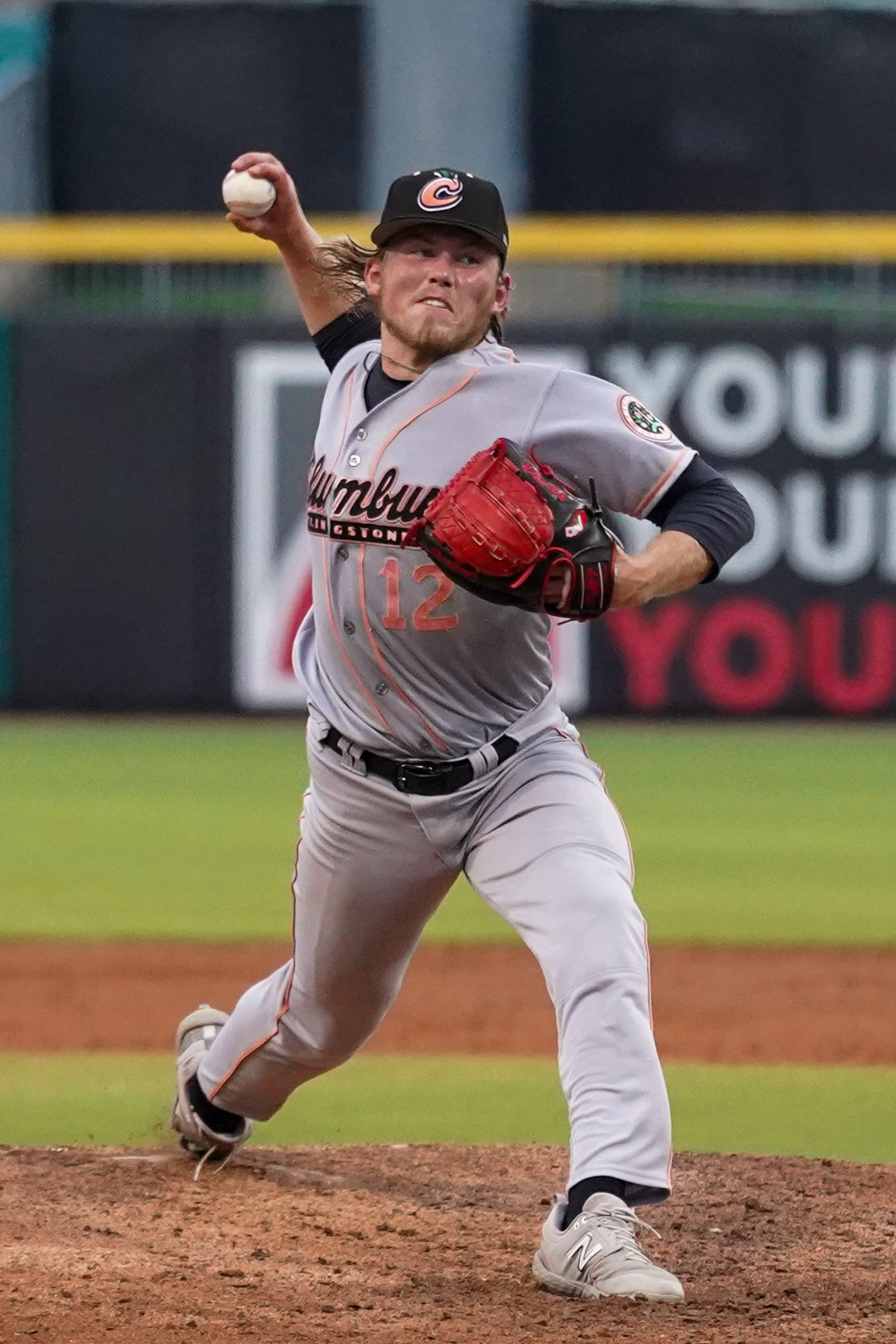 MONTGOMERY, AL - JULY 03: Lucas Braun #12 of the Columbus Clingstones pitches during the game between the Columbus Clingstones and the Montgomery Biscuits at Montgomery Riverwalk Stadium on Thursday, July 3, 2025 in Montgomery, Alabama. (Photo by Natalie Buchanan/Minor League Baseball via Getty Images)