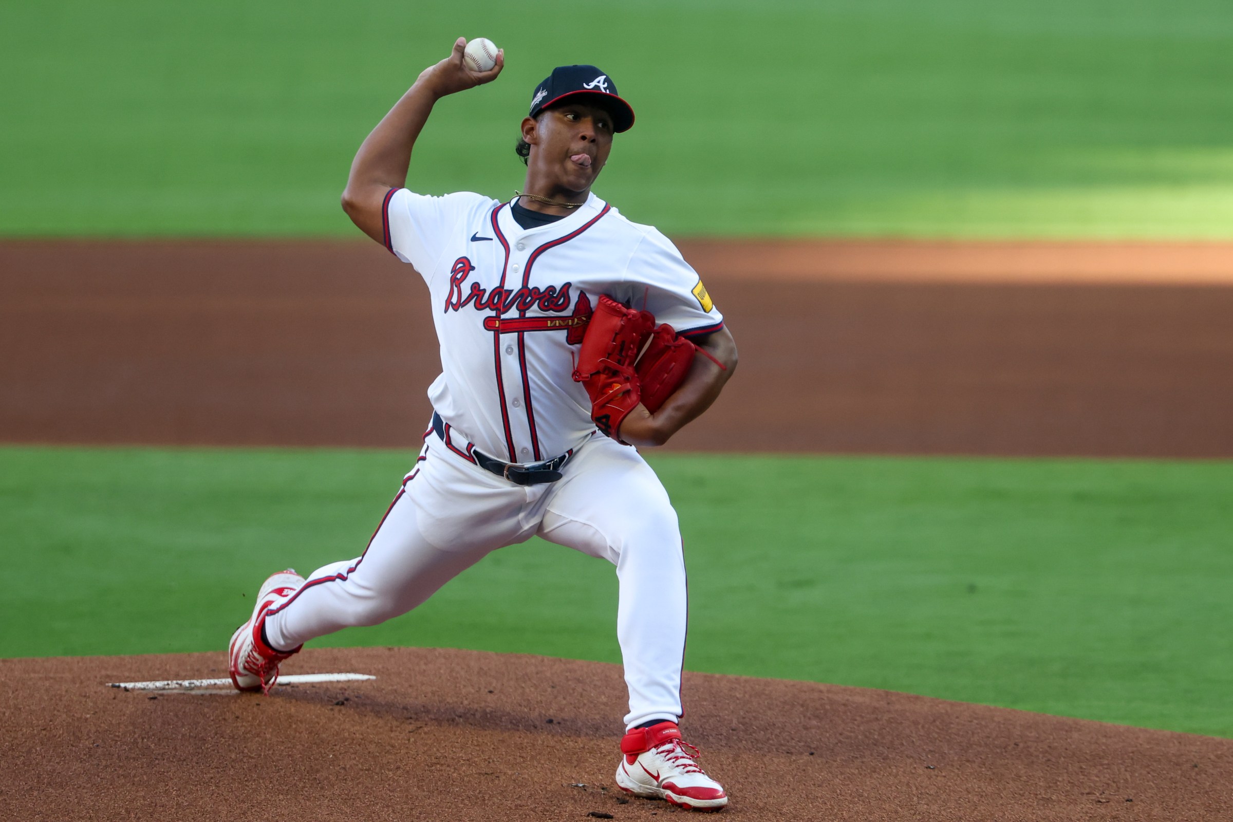 Jul 2, 2025; Atlanta, Georgia, USA; Atlanta Braves starting pitcher Didier Fuentes (75) throws against the Los Angeles Angels in the first inning at Truist Park. Mandatory Credit: Brett Davis-Imagn Images