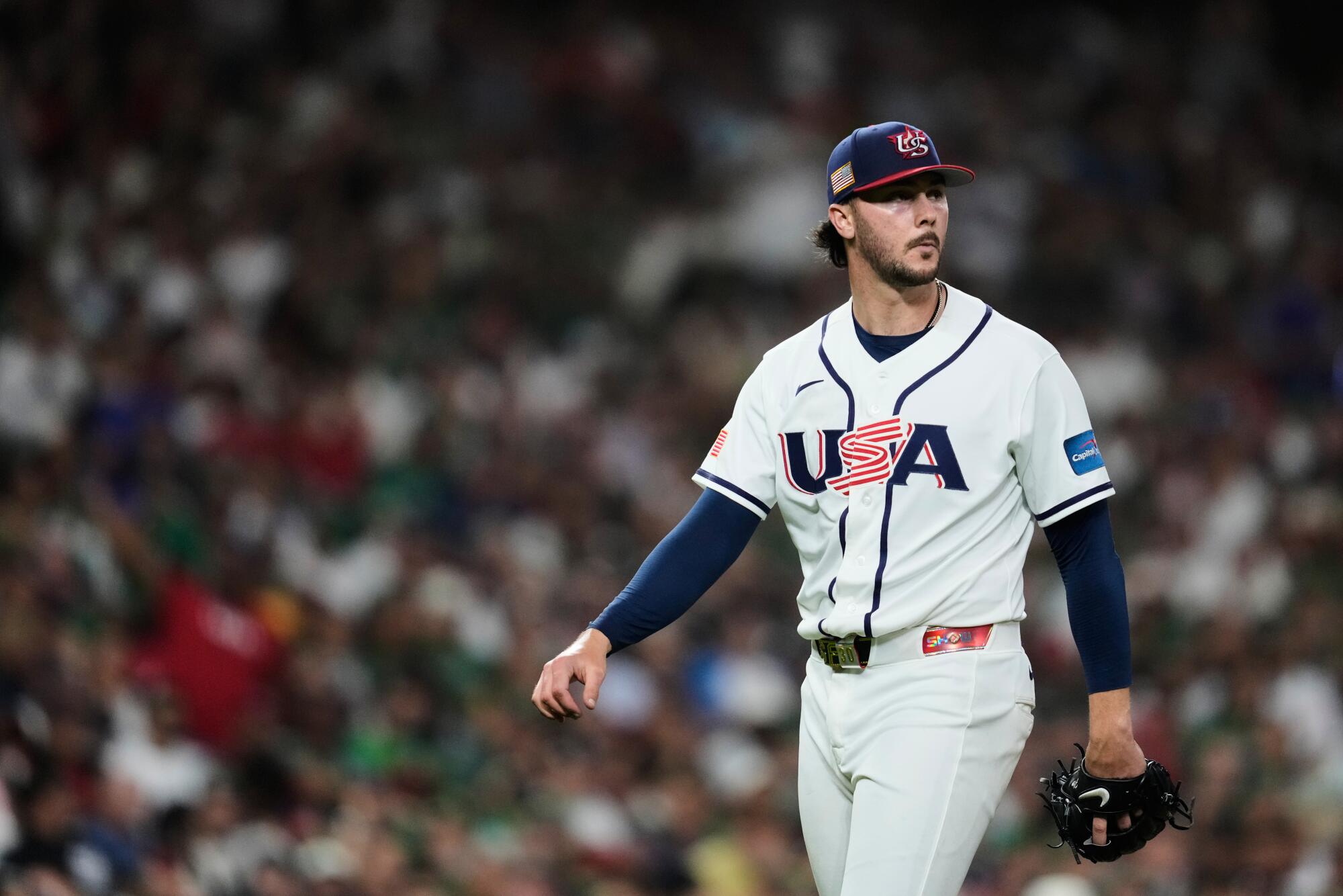 U.S. pitcher Paul Skenes walks to the dugout during a game against Mexico in the World Baseball Classic on March 9.