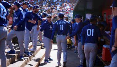 Mar 3, 2026; Goodyear, Arizona, USA; Los Angeles Dodgers starting pitcher Roki Sasaki (11) leaves the game against the Cleveland Guardians during the first inning at Goodyear Ballpark. Mandatory Credit: Joe Camporeale-Imagn Images