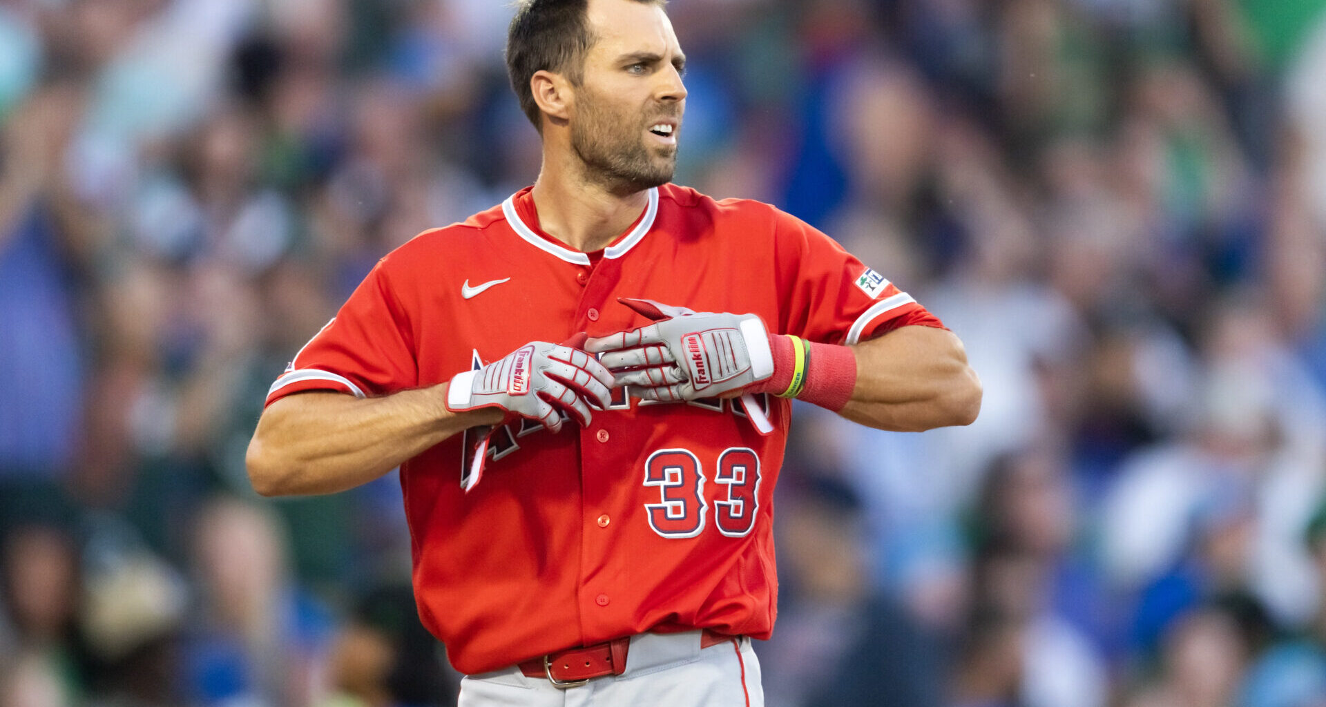 Los Angeles Angels outfielder Chris Taylor against the Chicago Cubs during a spring training game at Sloan Park.