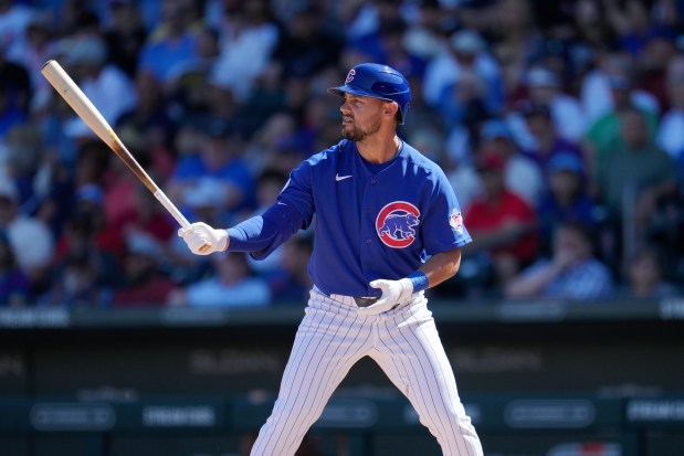 Chicago Cubs' Michael Conforto stands in to bat against the Arizona Diamondbacks during the first inning of a spring training baseball game Thursday, March 5, 2026, in Mesa, Ariz. (AP Photo/Ross D. Franklin)