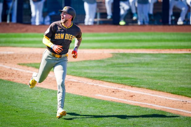 Jackson Merrill looks to the Padres dugout after hitting a home run against the Seattle Mariners during spring training game on Thursday, March 5, 2026. (Meg McLaughlin / The San Diego Union-Tribune)