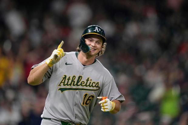 Athletics' Nick Kurtz celebrates after hitting a three-run home run, his fourth home run of the game, against the Houston Astros during the ninth inning of a baseball game Friday, July 25, 2025, in Houston. (AP Photo/David J. Phillip)