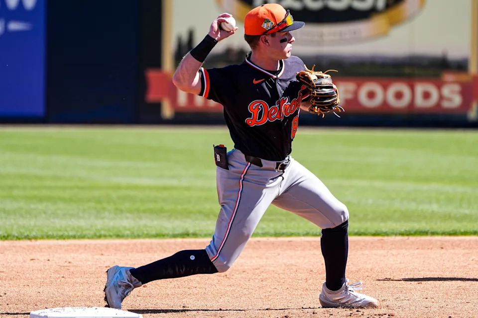 Detroit Tigers infielder Kevin McGonigle throws towards the first base against New York Yankees during the first inning at George M. Steinbrenner Field in Tampa, Fla. on Saturday, Feb. 21, 2026.