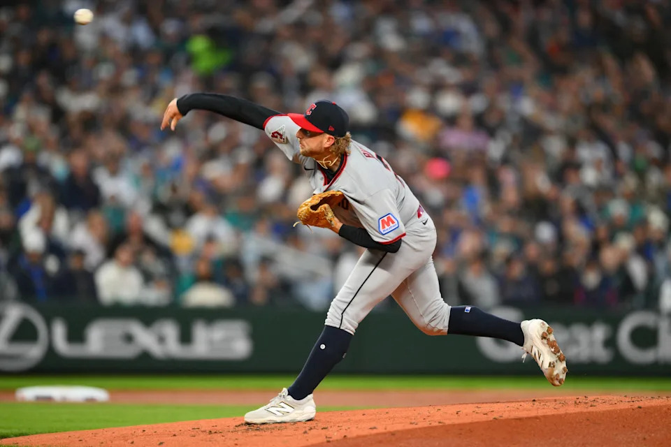 Mar 26, 2026; Seattle, Washington, USA; Cleveland Guardians starting pitcher Tanner Bibee (28) pitches to the Seattle Mariners during the first inning at T-Mobile Park. Mandatory Credit: Steven Bisig-Imagn Images