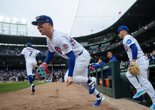 Cubs center fielder Pete Crow-Armstrong takes the field to face the Nationals on opening day Thursday, March 26, 2026, at Wrigley Field. (Brian Cassella/Chicago Tribune)