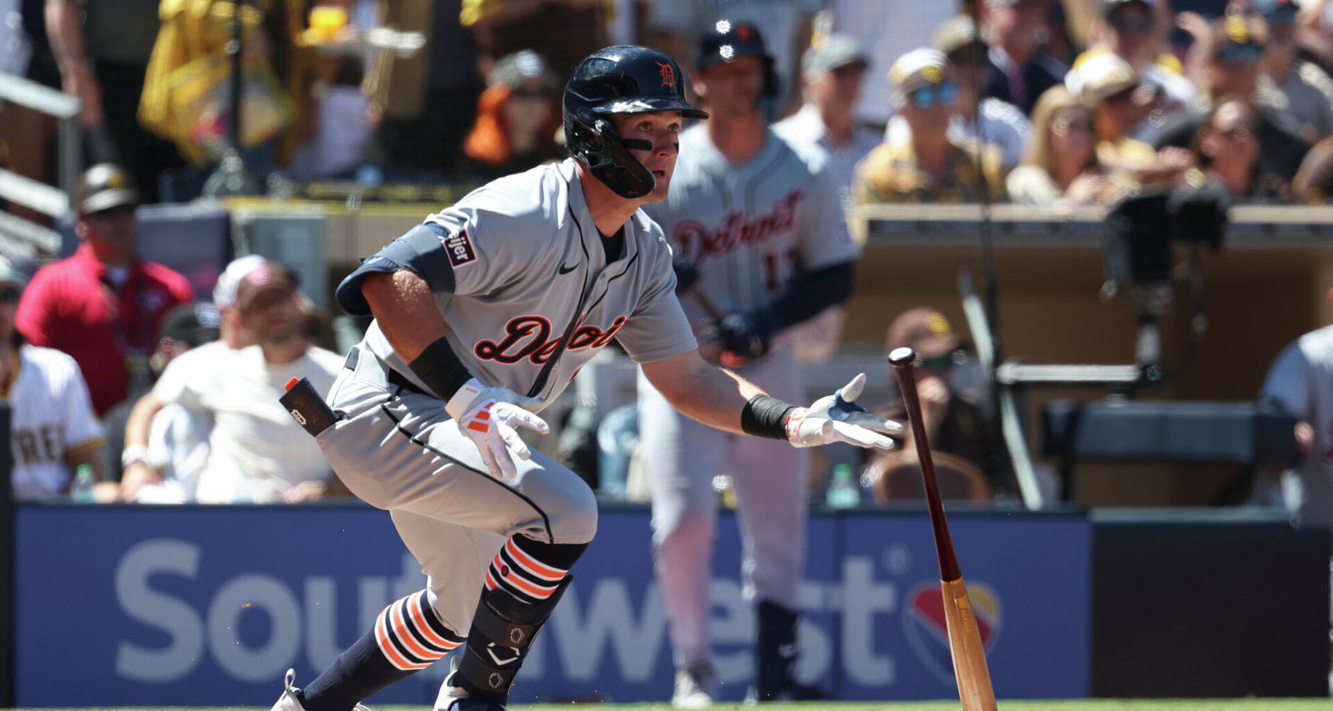 Kevin McGonigle #7 of the Detroit Tigers hits a RBI double in the top of the first inning during the game between the Detroit Tigers and the San Diego Padres at Petco Park on Thursday, Mar. 26, 2026 in San Diego, California. 