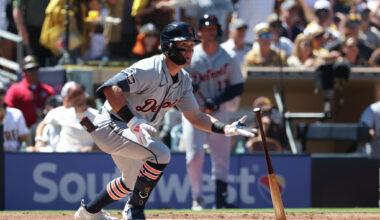 Kevin McGonigle #7 of the Detroit Tigers hits a RBI double in the top of the first inning during the game between the Detroit Tigers and the San Diego Padres at Petco Park on Thursday, Mar. 26, 2026 in San Diego, California. 