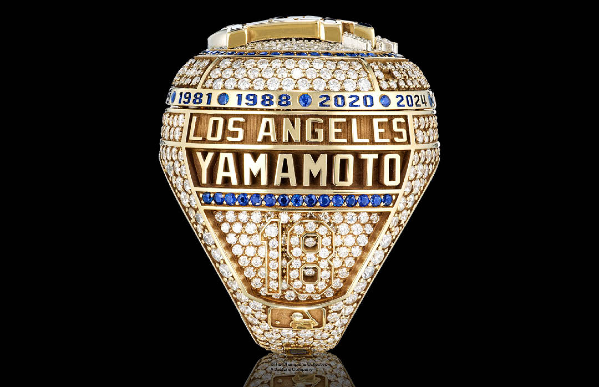 A detailed look at the side of the Dodgers' 2025 World Series championship ring.