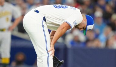 Blue Jays P Fluharty leaves game after being hit by 2 batted balls
