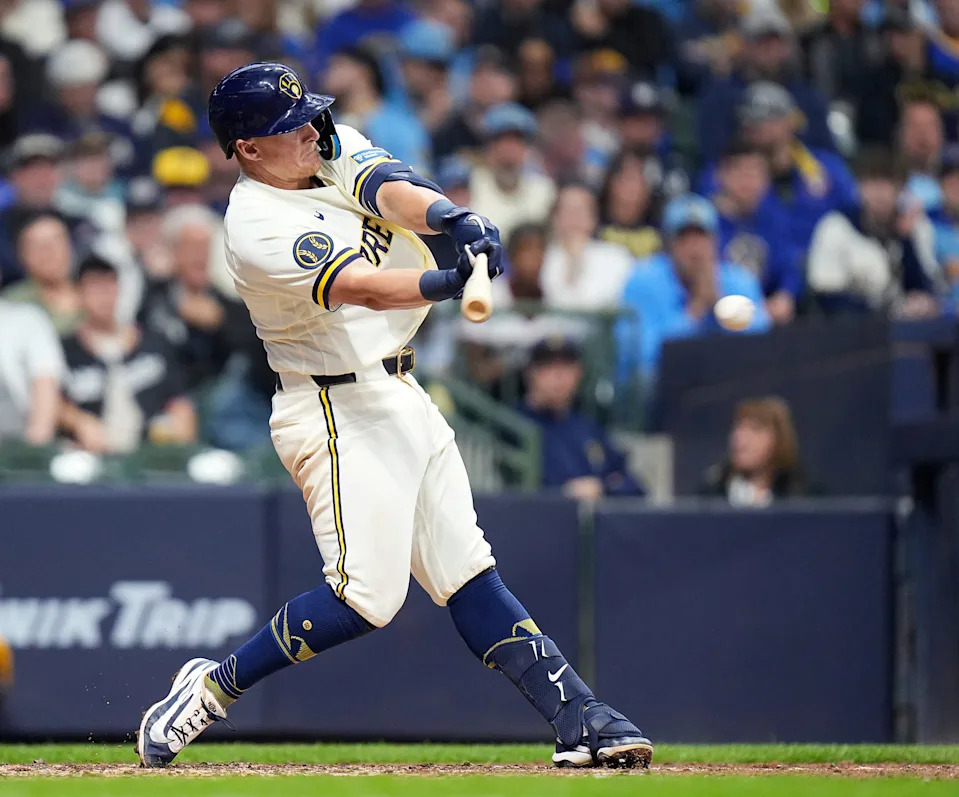 Milwaukee Brewers first baseman Andrew Vaughn (28) singles on a ground ball to Chicago White Sox center fielder Luisangel Acuña (0) during the sixth inning of the Opening Day game on Thursday March 26, 2026 at American Family Field in Milwaukee, Wisconsin.
