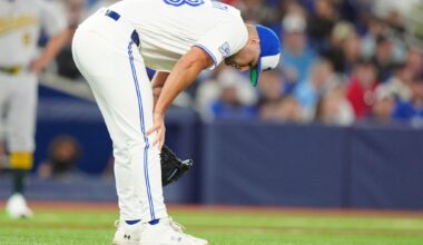 Blue Jays LHP Mason Fluharty leaves game after being hit by 2 batted balls in one inning