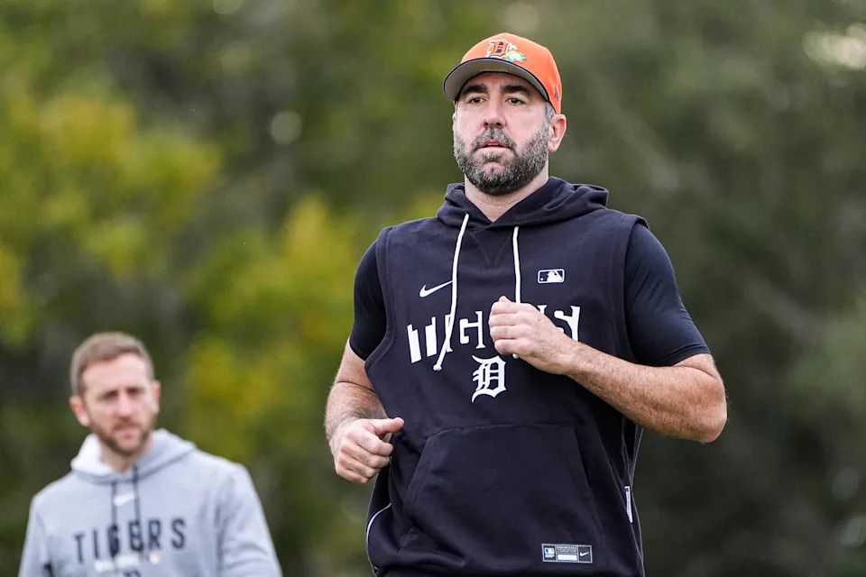 Detroit Tigers pitcher Justin Verlander practices during spring training at TigerTown in Lakeland, Fla. on Wednesday, Feb. 11, 2026.