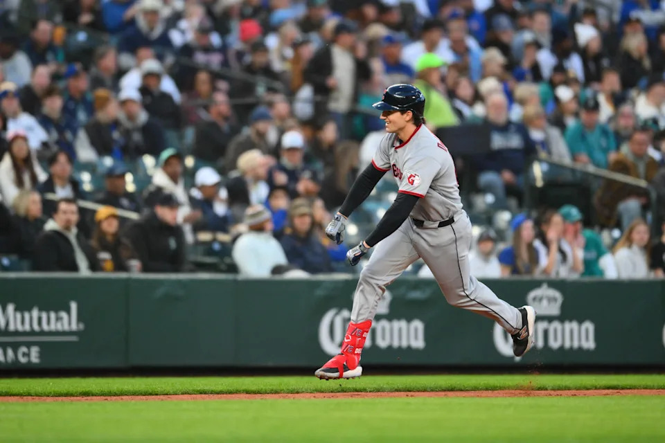 Mar 26, 2026; Seattle, Washington, USA; Cleveland Guardians right fielder Chase DeLauter (24) runs the bases after hitting a home run against the Seattle Mariners during the first inning at T-Mobile Park. Mandatory Credit: Steven Bisig-Imagn Images