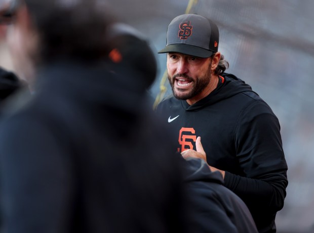 San Francisco Giants manager Tony Vitello talks to players in the dugout before their MLB game against the Sultanes de Monterrey at Oracle Park in San Francisco, Calif., on Monday, March 23, 2026. (Jane Tyska/Bay Area News Group)