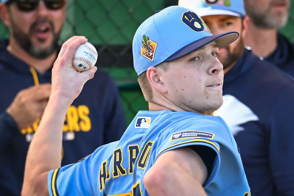 Milwaukee Brewers pitcher Kyle Harrison (52) throws in the bullpen during spring training workouts Saturday, February 14, 2026, at American Family Fields of Phoenix in Phoenix, Arizona.