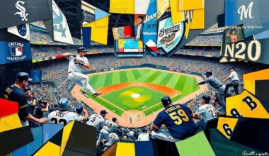 A fractured, geometric painting depicting a baseball game between the Chicago White Sox and Milwaukee Brewers, with the players and field broken down into sharp, overlapping planes of color.