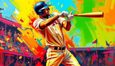 An abstract, expressionist painting featuring bold, neon-colored brushstrokes that convey the dynamic energy and explosive action of a baseball game, with no identifiable players or teams.