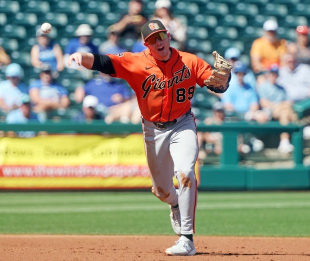 San Francisco Giants third baseman Parks Harber #89 throws out a Royals batter during the spring training game against the Kansas City Royals at Surprise Stadium on March 11, 2026 in Surprise, Arizona.(John Medina Special to the Mercury News)